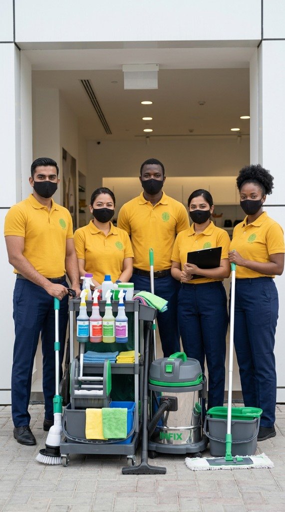 Infix professional cleaning team standing together with equipment