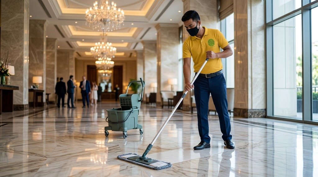 Commercial lobby floor mopping and property maintenance services in Malta by Infix